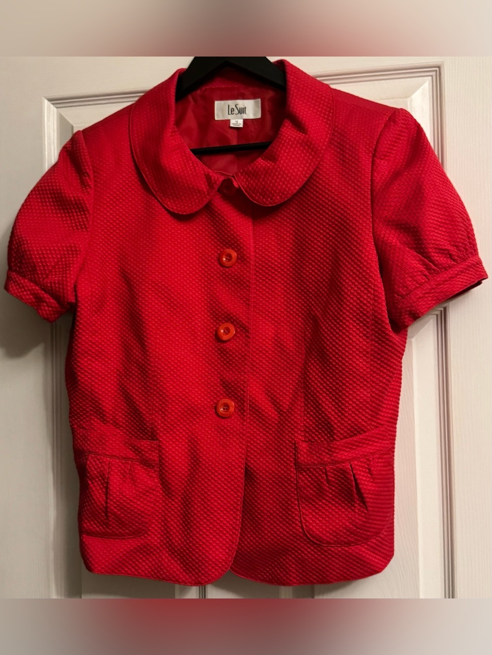 Le Suit Vibrant Red Textured Short Sleeve Blazer